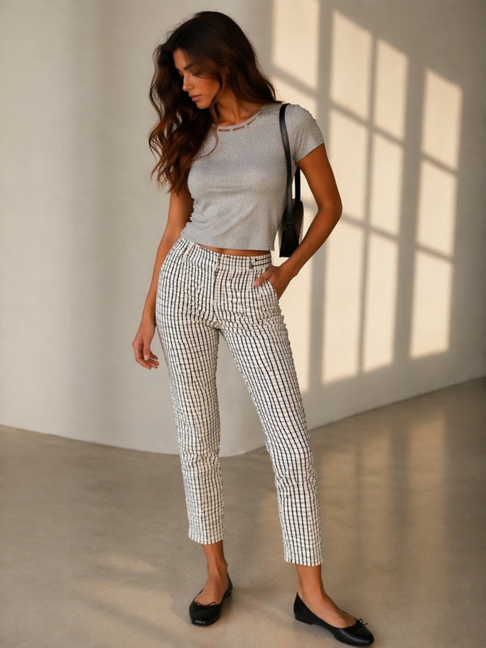 Anthro Slim Gingham Pants Size 2 Black White Cropped Stretch